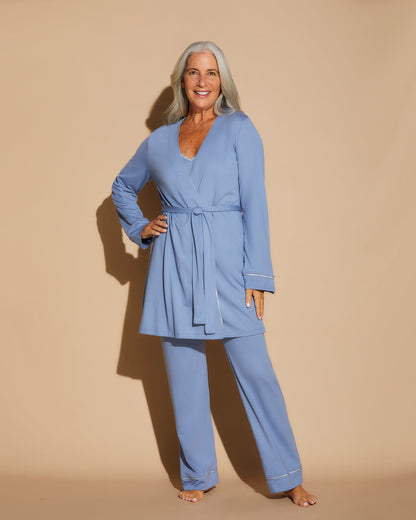 Blue Set - Bella Racerback Camisole, Robe And Pant Pajama Set