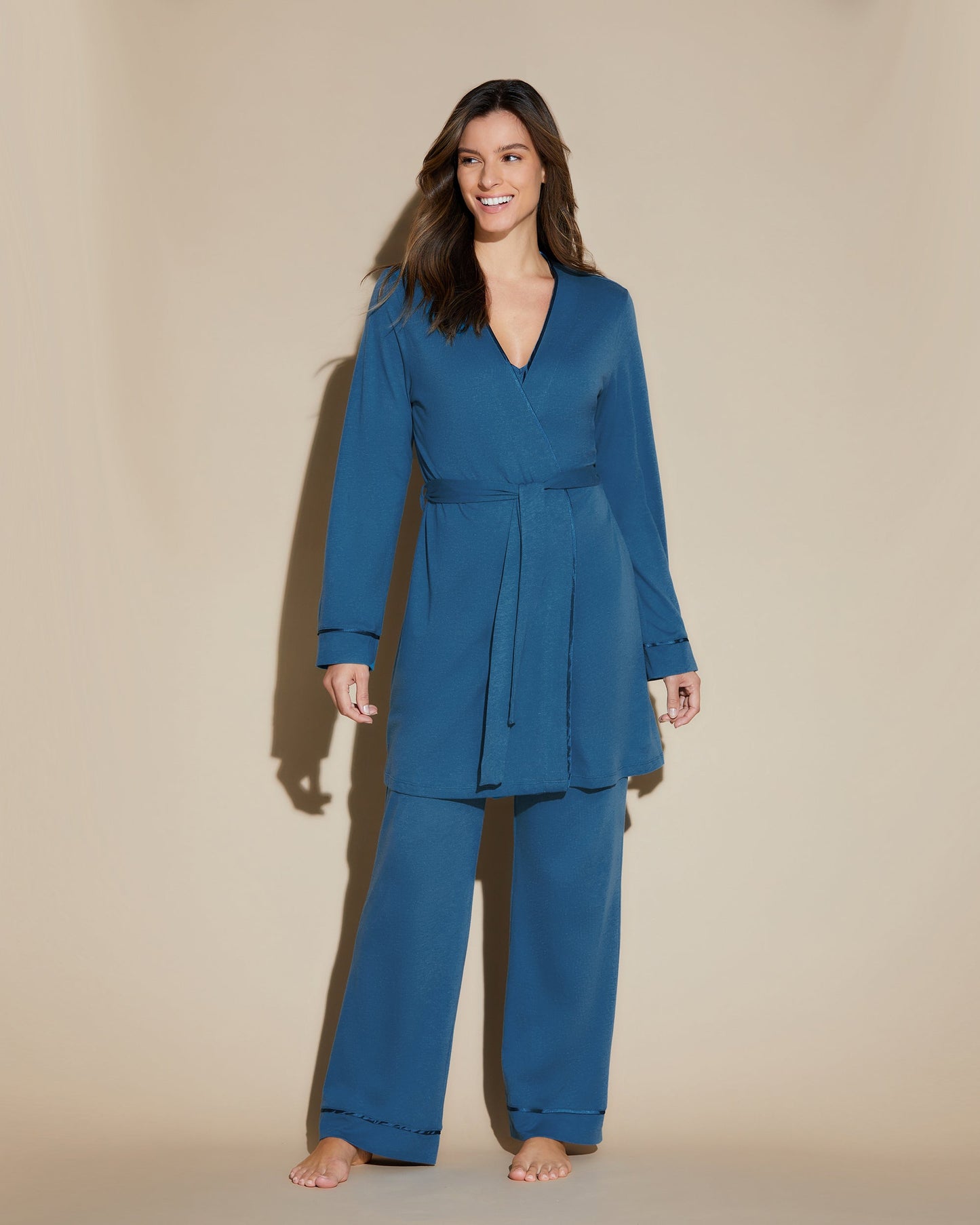 Blue Set - Bella Racerback Camisole, Robe And Pant Pajama Set