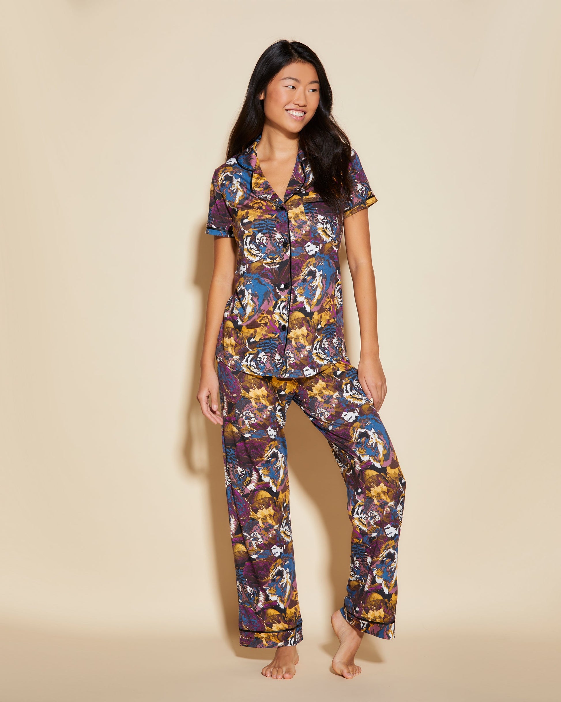 Print Set - Bella Printed Short Sleeve Top And Pant Pajama Set