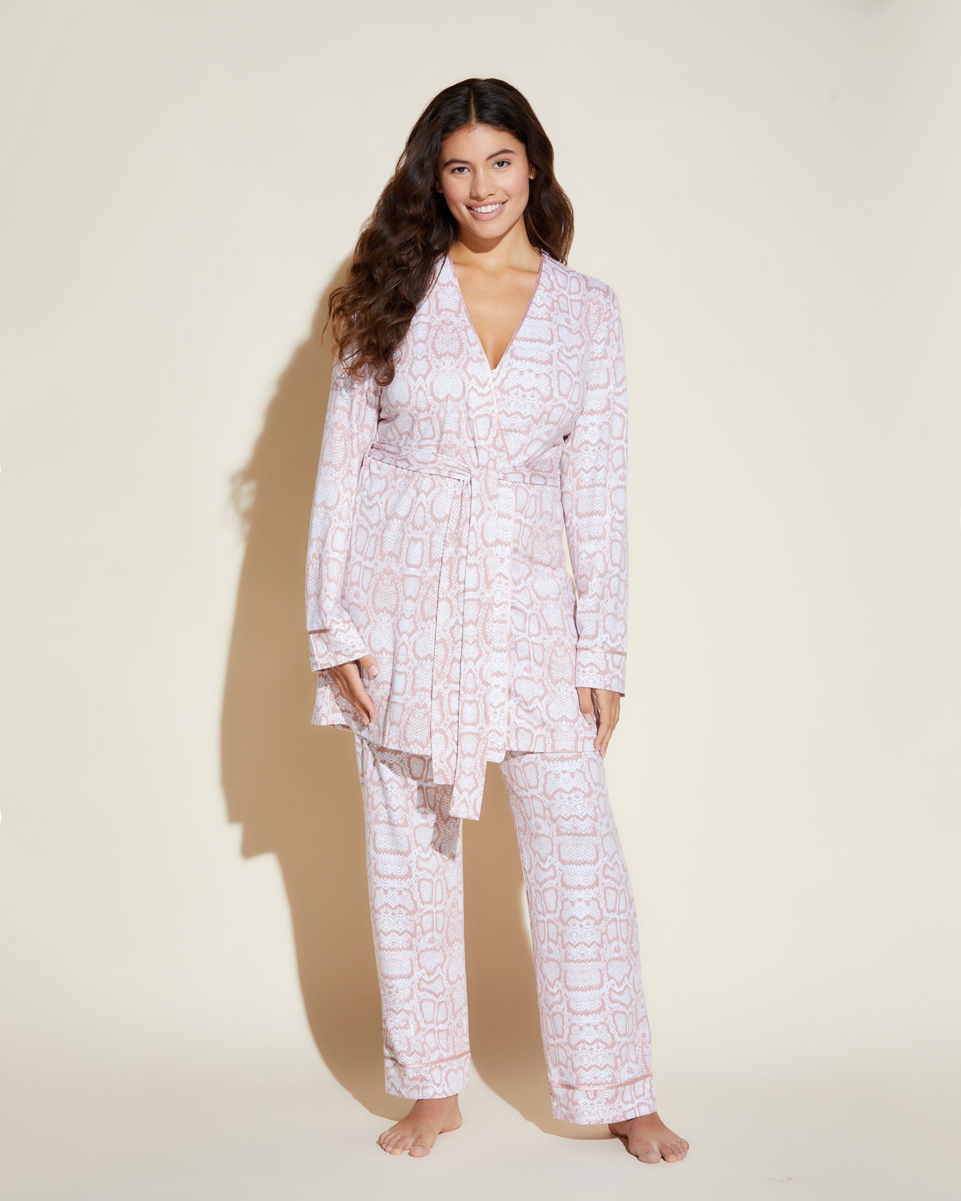 Pink Set - Bella Printed Curvy Pajama Set Cami, Pant And Robe